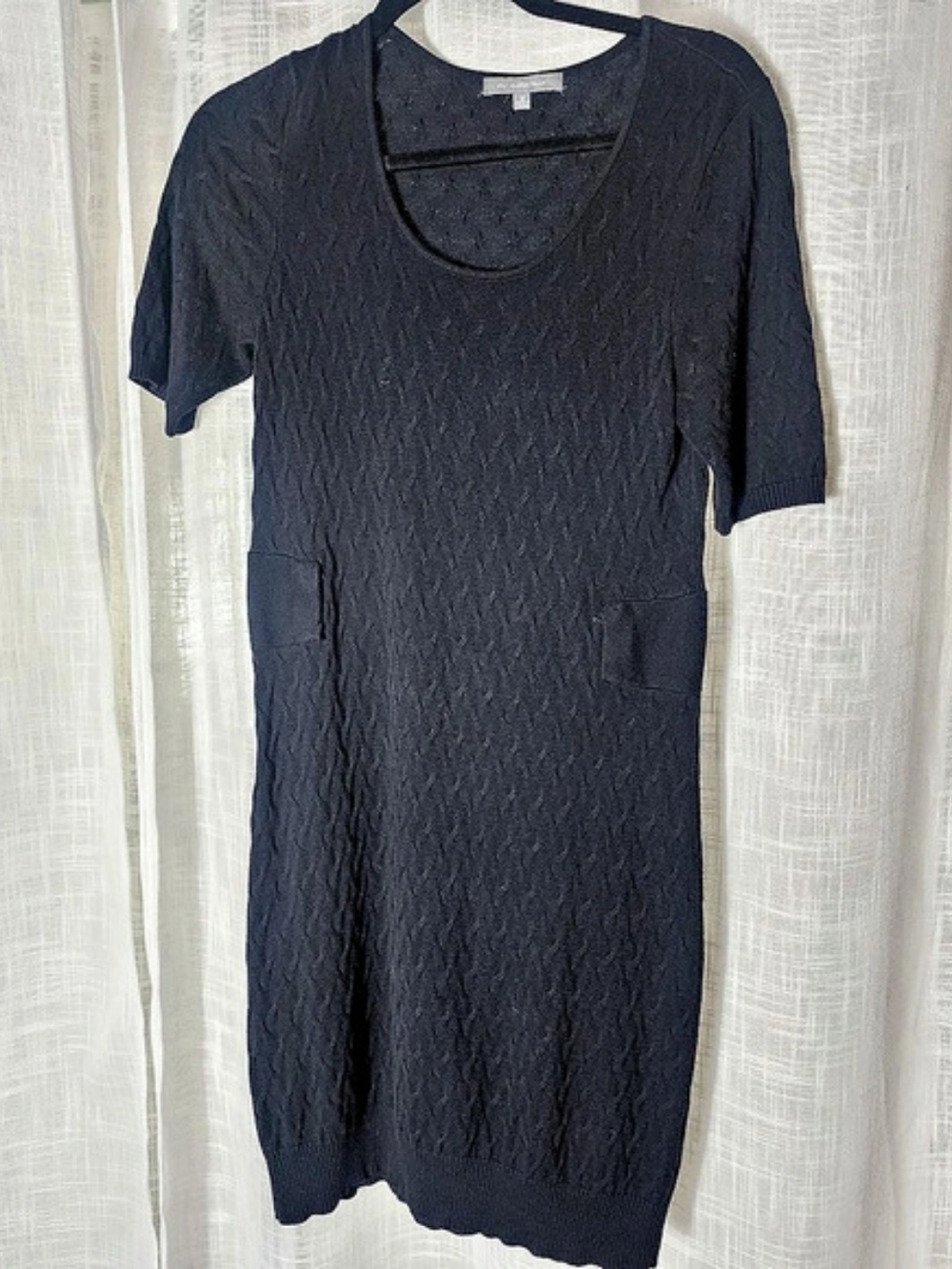 NY Collection Black Textured Cable Knit Sweater Dress M 3/4 Sleeve Pockets